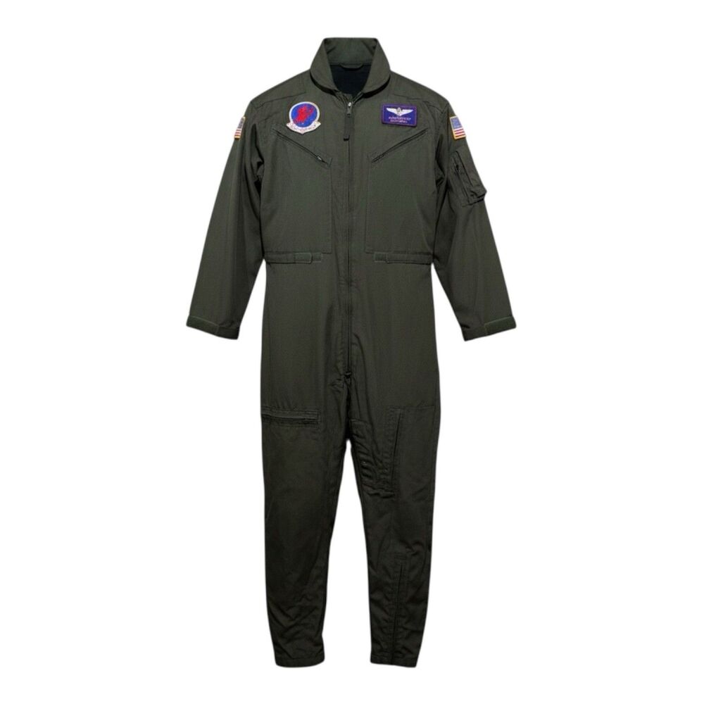 Top Gun Maverick Halloween Costume Men's L/XL Green Flight Suit Jumpsuit Patches